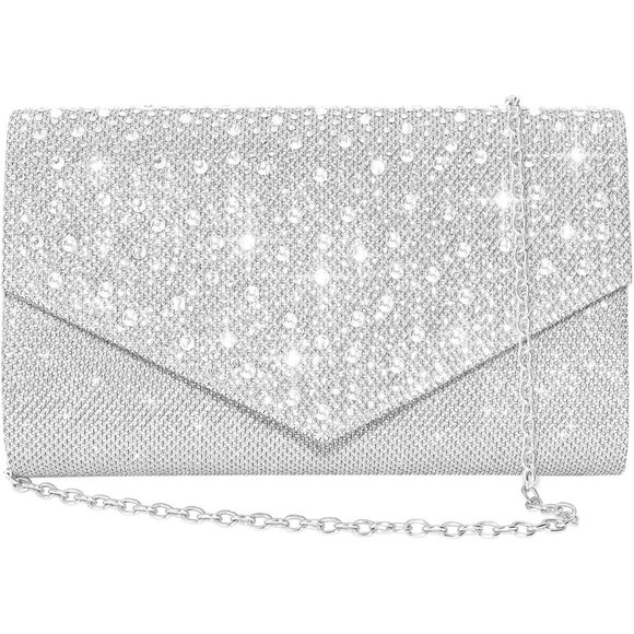Handbags - Women Silver Imported Magnetic Purse Rhinestone Envelope Party Handbag